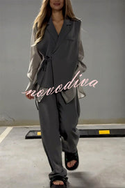 Chic and Elegant Chiffon Patchwork Irregular Lace-up Jacket and Pocketed Straight-leg Pants Set