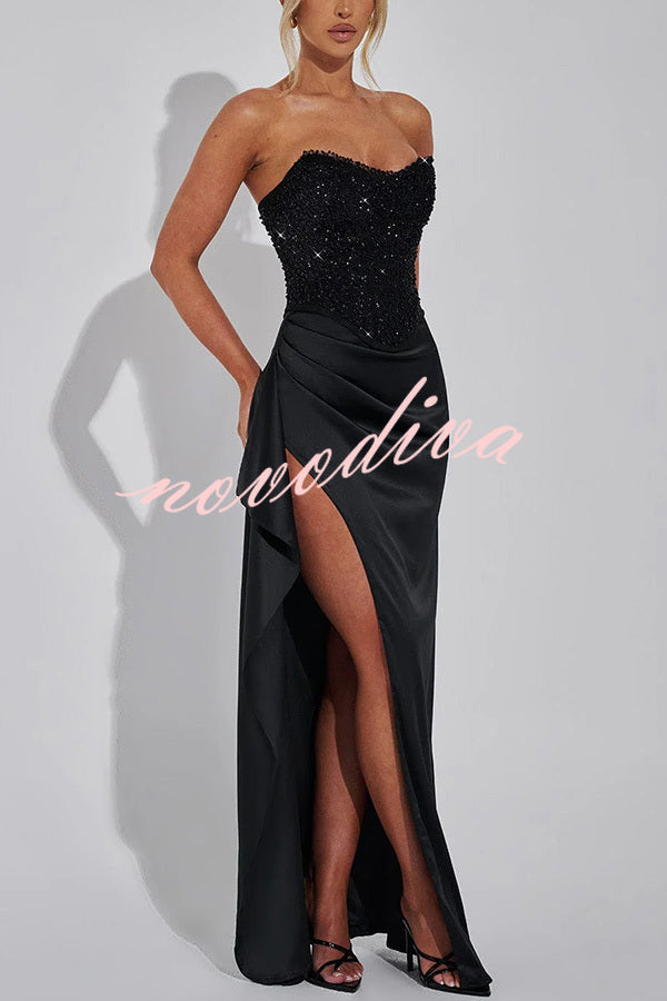 Amazing Dream Sequin Satin Patchwork Off Shoulder Ruffles Drape Slit Maxi Dress