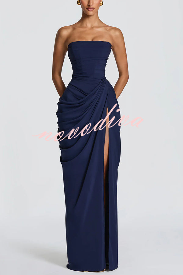 cyra drop waist maxi dress Cyra Chiffon Back Lace-up Asymmetrical Pleats Strapless Slit Maxi Dre –  novodiva