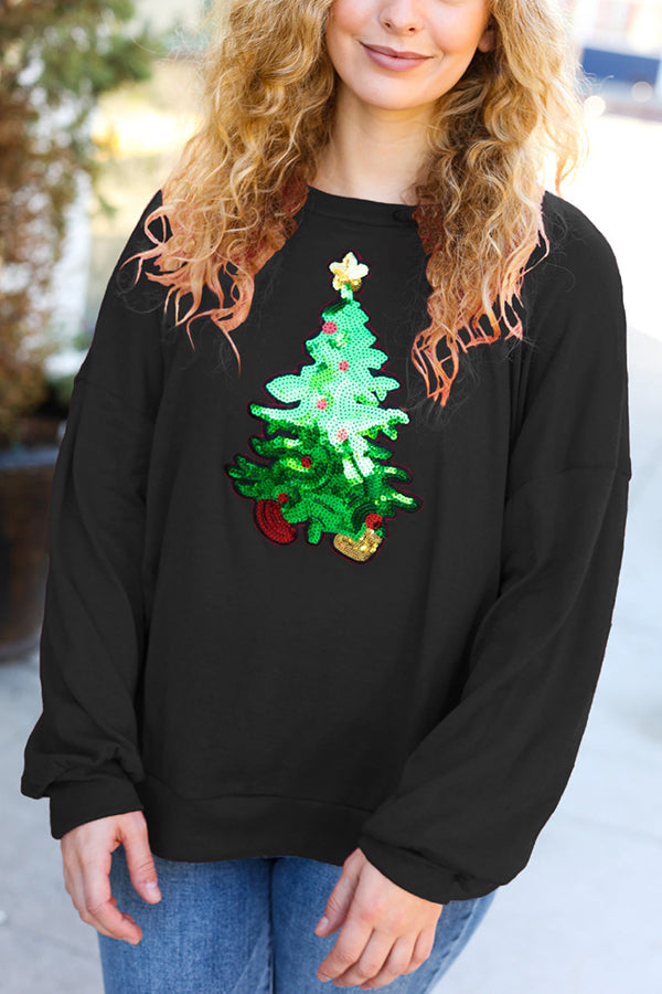 Christmas Tree Holiday Sequined Casual Loose Sweatshirt