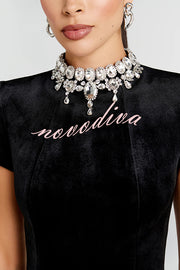 Lucia Luxurious Velvet Jewel-encrusted Turtleneck Short Sleeve Flare Stretch Jumpsuit