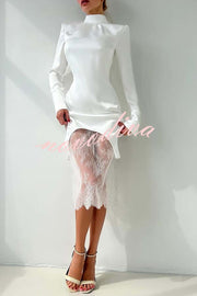 Melissa Satin High Neck Long Sleeve Curved Hem Top and Lace Midi Skirt Set