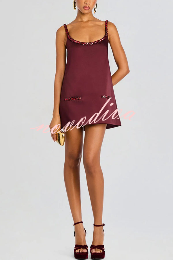 Taste Red Wine Satin Gemstone Trim Round Neck Slip H-line Mini Dress