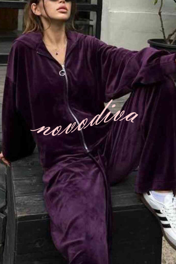 Velvet Casual Zip-up Hooded Top and Elastic Waist Wide Leg Pants Set