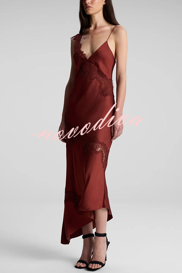 Sexy Lace Stitching Suspender V-neck Asymmetrical Maxi Dress