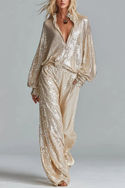 Glamorous Day Sequin Half Zip Loose Shirt and Elastic Waist Pocket Wide Leg Pants Set