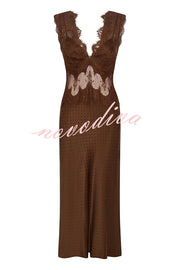 Wonderful Fusion Satin Lace Trim Poka Dot V-neck Drape Maxi Dress