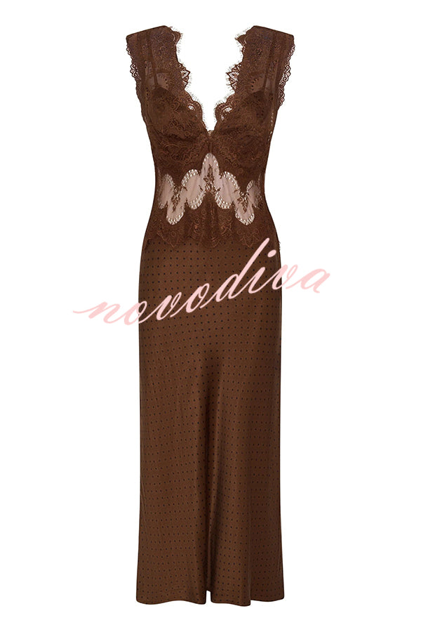 Wonderful Fusion Satin Lace Trim Poka Dot V-neck Drape Maxi Dress