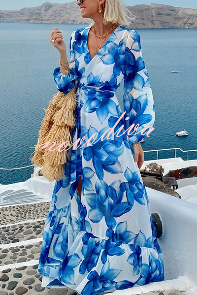 Island Girl Floral Print V-neck Long Sleeve Tie Slit Holiday Maxi Dress