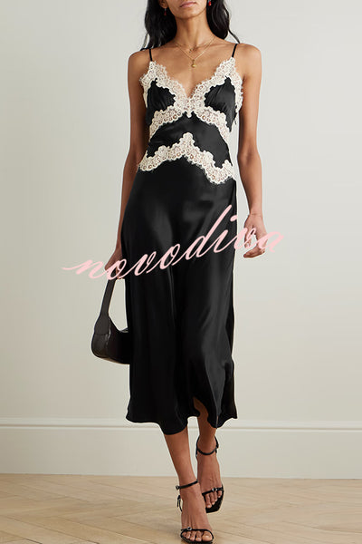 Dreaming of You Contrast Color Satin Lace Trim Back Tie-up Slip Midi Dress