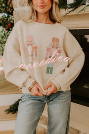 Nutcracker Nights Cross Stitch Knit Long Sleeve Loose Sweater