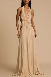 Ethereal Moment Tulle Cutout Ruched Waist Backless Halter Maxi Dress