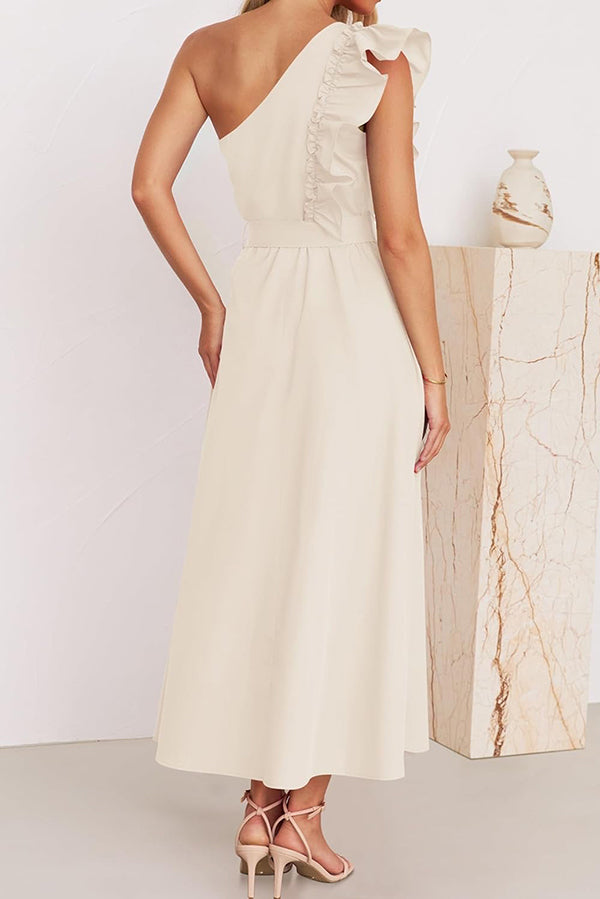 Solid One Shoulder Ruffled Sleeves Tie Waist Maxi Dress