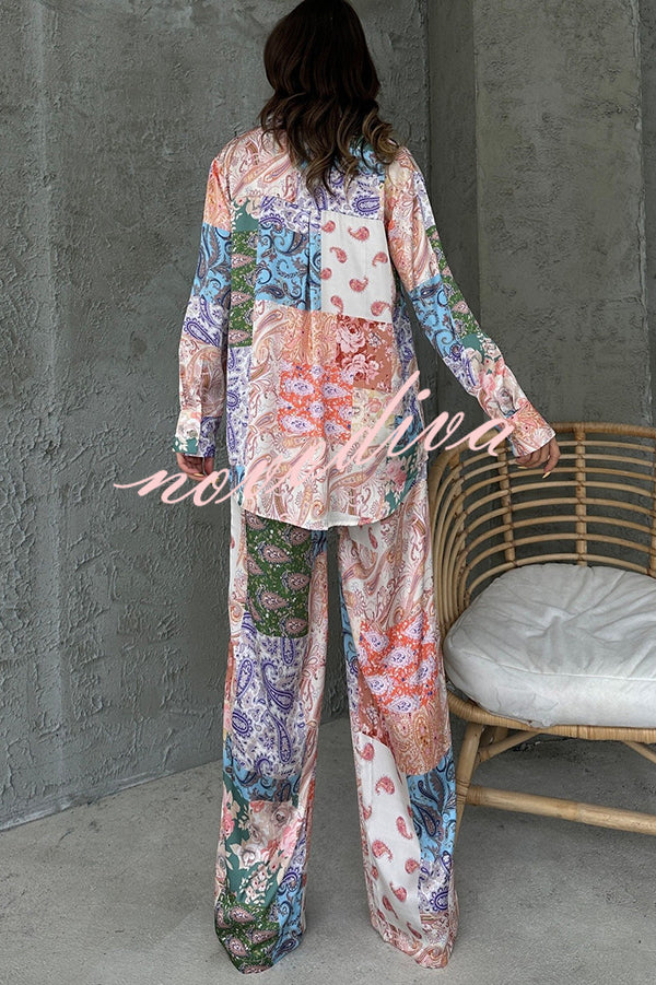 Unique Ethnic Print Long-sleeved Shirt and Elastic Waist Pants Set