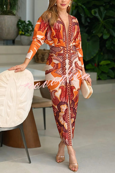 Brazilian Style Unique Print Dolman Long Sleeve Ruched Slit Midi Dress