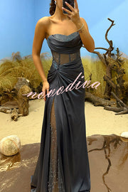 Essie Satin Rhinestone Patchwork Twist Waist Strapless Slit Maxi Dress