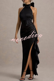 Maureen Satin High Neck Ruched Ruffle Slit Draped Maxi Dress