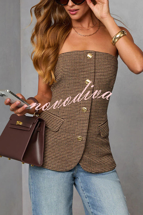 Workplace Vitality Houndstooth Off Shoulder Button Vest Top