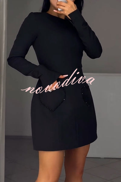 Anna Sparkling Gemstone Trim Heart Pocket Long Sleeve Mini Dress