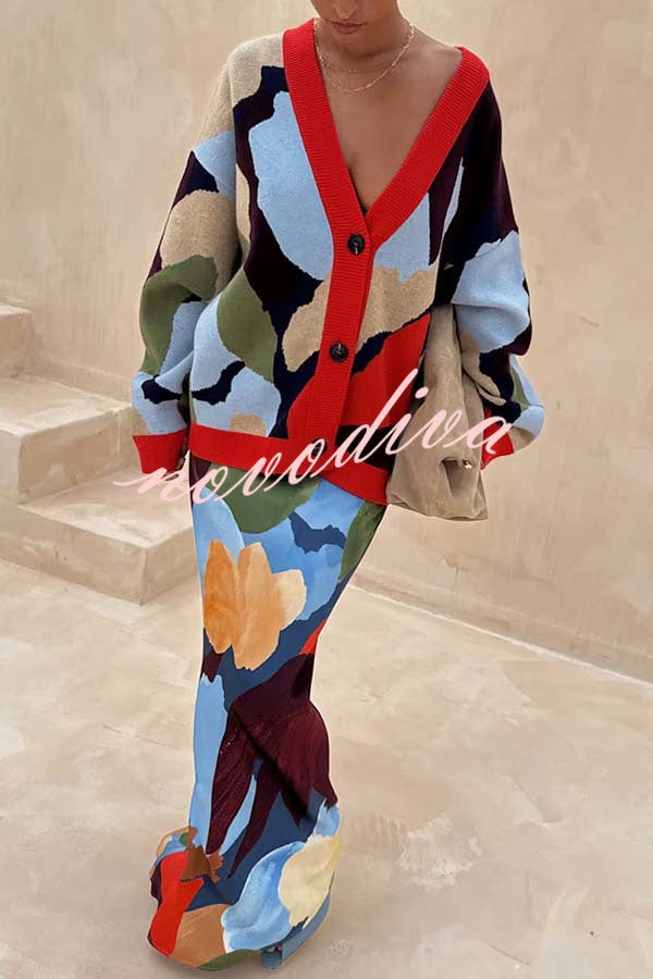 Bright and Bold Knit Abstract Color Blocks Button Long Sleeve Loose Cardigan