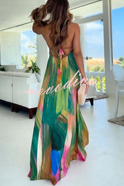 Andie Splash Ink Printed Cutout Back Tie-up Slit Vacation Maxi Dress