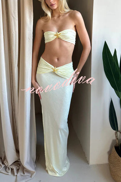 Diosa Gold Starfish Detail Bandeau Top and Ruched Stretch Maxi Skirt Set