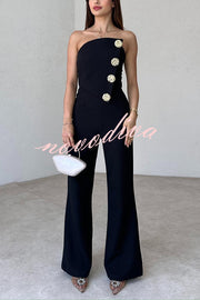 Solid Color Sexy Tube Top Gold Button Embellished Bootcut Jumpsuit