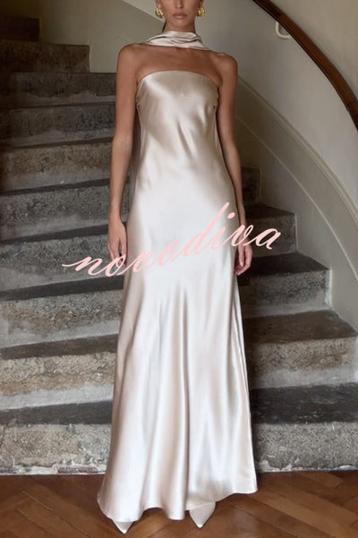 Satin Solid Color Elegant Strapless Slim Maxi Dress