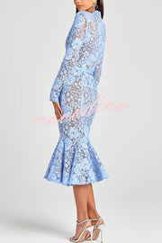 Feminine and Elegant Flower Lace Long Sleeve Bow Belted Flare Midi Dress