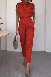 Statement Breast Pocket High Neck Top and Side Pocket Belt Long Pant Set