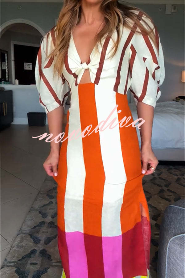 Kaya Linen Blend Color Block Print Front Cutout Knot Puff Sleeve Maxi Dress