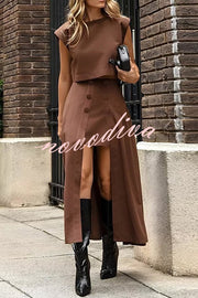 Solid Color Crew Neck Crop Top and High Waist Irregular Maxi Skirt Set