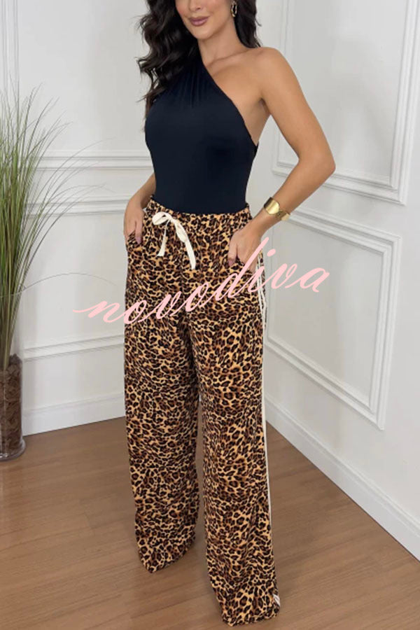 Sporty Fashion Leopard Stripe Print Elastic Waist Pocketed Wide Leg Pants