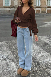 Solid Color Crossover V-neck Tie Elegant Long-sleeved Knit Top