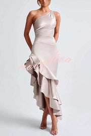 YES I DO Satin One Shoulder Ruched Slit Ruffles Maxi Dress