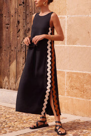 Vacation Villa Side Ric Rac Wave Trim Slit Loose Maxi Dress