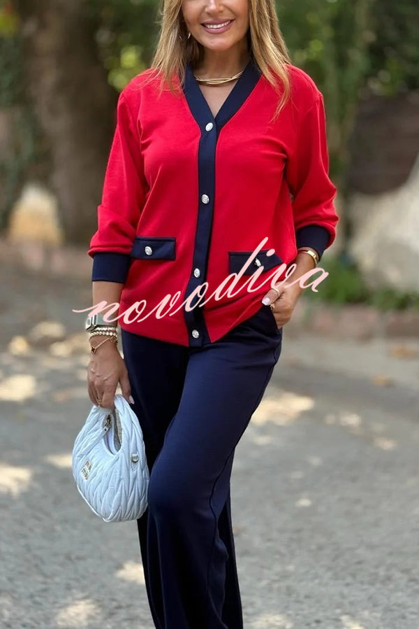 Stylish Color-blocked V-neck Knitted Button-down Cardigan and Elastic Waist Casual Wide-leg Pants Set