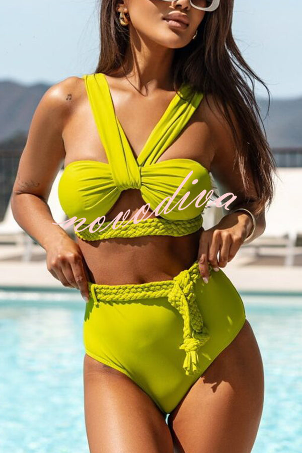 Solid Color Braided Rope High Waist Stretch Two-piece Bikini Swimsuit