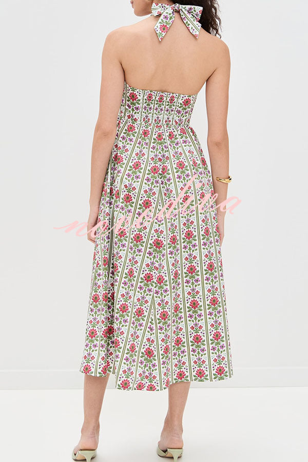 Summer Event Linen Blend Floral Pocketed Halter Maxi Dress