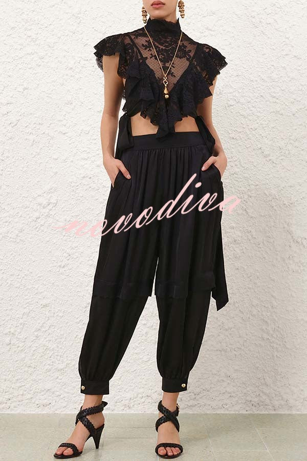 Esella Satin Gathered Waist Pocket Button Ankle Cuffs Harem Pant