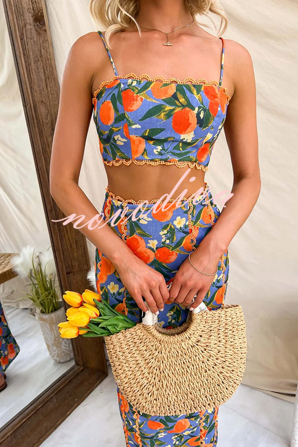 Linen Blend Summer Fruit Print Camisole Top and Elegant Lace Back Slit Maxi Skirt Set