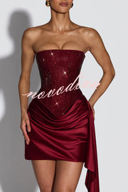 Party Entrance Sequin Corset Ruched Satin Ruffle Hem Strapless Mini Dress