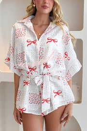 Sweet Bow Print Lapel Half Sleeve Tie Waist Loose Rompers