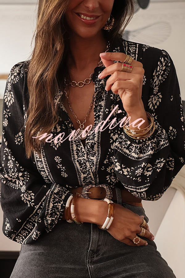 Unique Print Long-Sleeved Button-Up Elegant Shirt