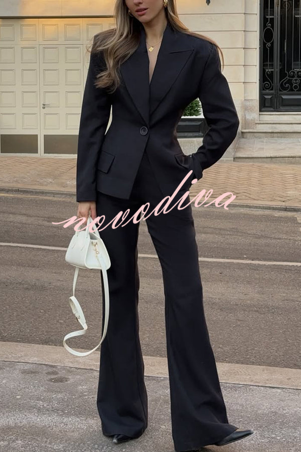 Solid Color Long-sleeved Single-button Blazer and Pocket Casual Flared Pants Set