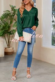 Satin Pleated V-neck Long-sleeved Loose Shirt