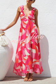 Unique Printed V-neck Ruffled Straps Pleated Back Maxi Dress