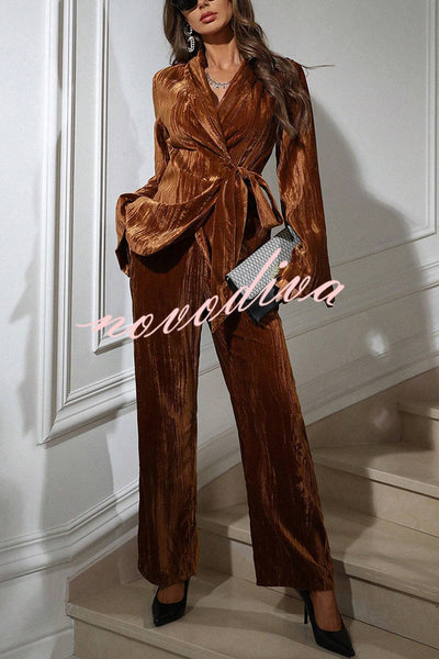 Solid Color Velvet Pleated Long-sleeved Tie Top and Casual Pocket Straight-leg Pants Set