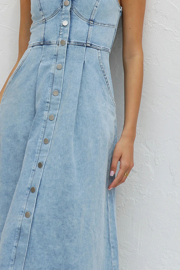 Spring Fling Washed Denim Button Pocket Back Smocked Midi Dress