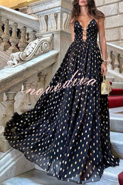 Charming View Chiffon Gold Polka Dot Print Cutout Lightweight Maxi Dress